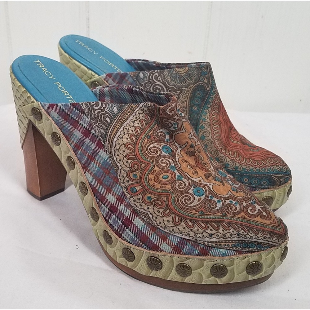 Tracy Porter Clogs Shoes Heels Multi-Color Tapestry Womens Size 9